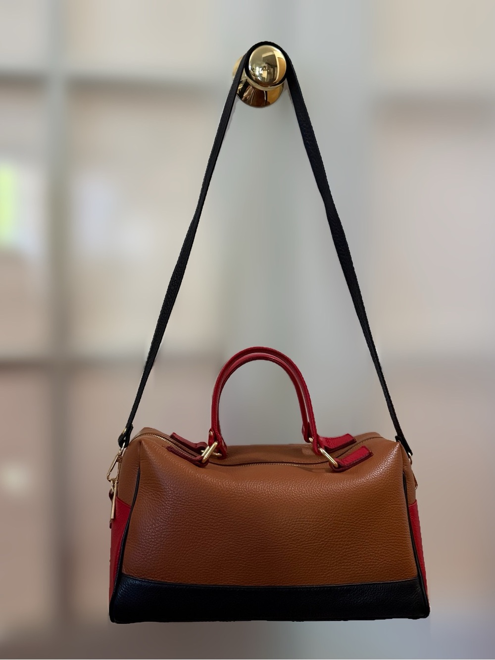 Women's Tri-Color Leather Satchel — Brown, Red & Black
